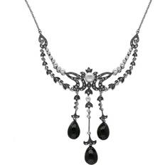 Necklaces C W Sellors Sterling Silver Whitby Jet Marcasite Pearl Triple Drop Necklace - Silver