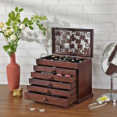 Songmics Wooden Jewellery Box Med Blomsterudskæring - Mørkebrun