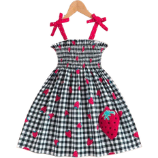 Shein Young Girl Summer Fashion Plaid Sling Dress With Cute Strawberry Print Embroidery Accent