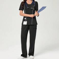 Clothing Sets Shein TaskEZ 2pcs Set Black/White Contrast Scrubs Top & Pants Scrub Uniform