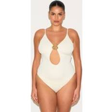 PrettyLittleThing Plus Cream Textured Flower Trim Plunge Swimsuit - White