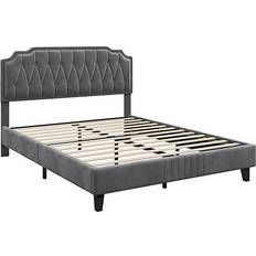 Yaheetech Dark Grey 5 Ft King Upholstered Bed Frame With Button-Tufted Adjustable Headboard And Wooden Slat Support - One Size 155 x 200cm