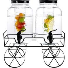 Black Beverage Dispensers Crystals 2 x 4 Litres Glass Drink with Black Wire Stand Beverage Dispenser