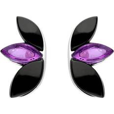 Jewellery C W Sellors Sterling Silver Whitby Jet Amethyst Three Leaf Stud Earrings