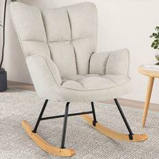 Costway Beige Linen High Backrest Nursery Rocking Chair 74 x 72 x 38 cm
