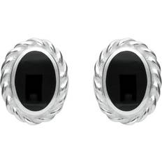 Jewellery C W Sellors Sterling Silver Whitby Jet Rope Edge Oval Stud Earrings - Silver
