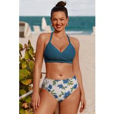 Grey Bikini Sets Cupshe Misty Petal DD+ High Waisted Bikini Set - Dusty Blue
