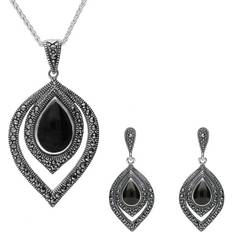 Silver Jewellery Sets C W Sellors Sterling Silver Whitby Jet and Marcasite Fancy Pear Drop Two Piece Set