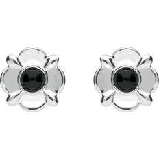 Earrings C W Sellors Sterling Silver Whitby Jet Four Petal Flower Stud Earrings - Silver