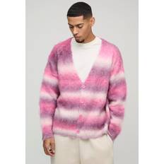 Men - Pink Cardigans boohooMAN Oversized Dropped Shoulder Brushed Stripe Knitted Cardigan - Pink