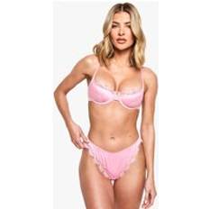 Pink Lingerie Sets boohoo Womens Eyelash Lace Satin Bra & Brazilian Set - Pink