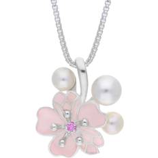 Sapphire Charms & Pendants C W Sellors Sterling Silver Pearl and Pink Sapphire Cherry Blossom Flower Pendant