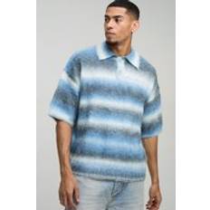 Herr - Oversize Pikétröjor boohooMAN Mens Blue Oversized Brushed Stripe Short Sleeve Knitted Polo