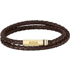 BOSS Brown Braided-Leather Cuff With Logo Closure