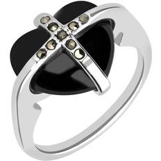 Jewellery C W Sellors Sterling Silver Whitby Jet Nine Stone Marcasite Small Cross Heart Ring - Silver