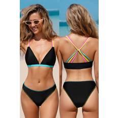 Cupshe Black Contrast Diamond Neck Bikini Top & Low-Rise Bottoms Set - S (S)