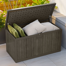 Uforic 230 Gallon Extra Large Outdoor Deck Box Double-Wall Resin Storage Box with Divider and Side Handles Light Brown