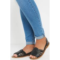 Black Leather Woven Flat Sandals - Black