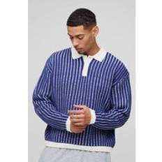 Acrylic Polo Shirts boohooMAN Oversized Boxy Striped Knitted Polo - Navy