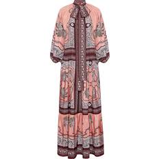 La DoubleJ Athena Balloon-Sleeve Neck-Tie Silk Maxi Dress - Pink
