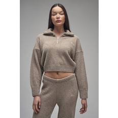 Jumpers Public Desire Kaiia Knit Fold Over Collar Quarter Zip Sweater - Taupe