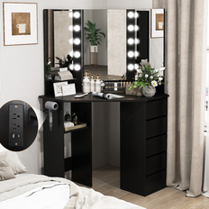 Costway Corner Vanity Desk Cosmetic Vanity Station with LED Mirror Dressing Table
