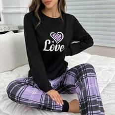 Stretch Pyjamasar Shein Hjärta Plädtryck Långärmad Långbyxa Pyjamasset - Multifärgad