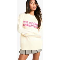 Boohoo Knitted Sweaters Jumpers boohoo Womens Its Giving Christmas Slogan Oversized Sweater - White
