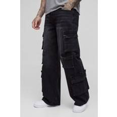 boohooMAN Tall Extreme Cargo Baggy Flared Jeans - Black