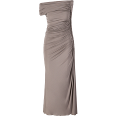 Alaïa Asymmetric Ruched Off-Shoulder Midi Dress - Taupe