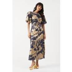 Grey Dresses Warehouse Womens Metallic Satin Ruched Front Puff Sleeve Midi Dress - Grey