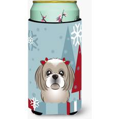 Grey Bottle Coolers Caroline's Treasures Winter Holiday Gray Silver Shih Tzu Tall Boy Koozie Hugger Bottle Cooler