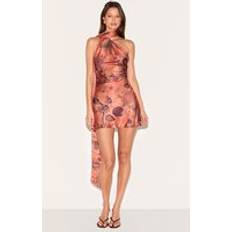 PrettyLittleThing Floral Printed Satin Scarf Detail Bodycon Dress - Orange