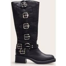 Black knee high boots PrettyLittleThing Black Pu Round Toe Multi Buckle Harness Knee High Boots - Black