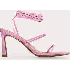 PrettyLittleThing Pu Square Toe Strappy Lace Up Mid Stiletto Heeled Sandals - Pink