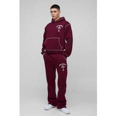 Röda Kostymer boohooMAN Mens Oversized Boxy Cross Print Stacked Gusset Hooded Tracksuit - Burgundy
