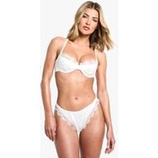 White Lingerie Sets boohoo Womens Eyelash Lace Satin Bra & Brazilian Set - White