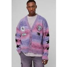 Men - Pink Cardigans boohooMAN Oversized Boxy Stripe Brushed Moto Knitted Cardigan - Pink