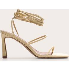 Yellow Heeled Sandals PrettyLittleThing Lemon Pu Square Toe Strappy Lace Up Mid Stiletto Heeled Sandals - Lemon