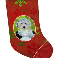 Stockings Caroline's Treasures Old English Sheepdog Red Green Snowflakes Holiday Christmas Stocking