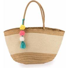 Beige Strandväskor Brauner Strandkorb Mit Pompons Damen EMERAUDE Grand - Beige