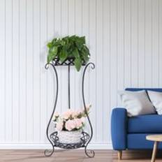 LivingAndHome 2 Tier Metal Iron Flower Plant Pot Display Stand Black