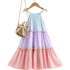 Shein Young Girl Color Block Dress With Ruffled Trim And Spaghetti Straps