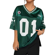 Mesh - Women T-shirts Shein Sports ColorBlock Loose VNeck Short Sleeve Knitted Mesh Jersey TShirt With Letter Number Print And Drop Shoulders For Ball Games