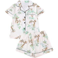Shein Giraffen bedrucktes Pyjamaset für Damen, bestehend aus Kurzarm-Shirt mit Reverskragen und lockeren elastischen Shorts, lässige Nachtwäsche und Lässig