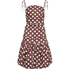 Amy Lynn Alexa Tie Shoulder Puffball Ultra Mini Dress - Brown Polka Dot-Red