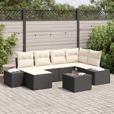 vidaXL Garten-Sofa-Set Set aus 7 Schwarz und Creme Rattan Polyester Lounge-Set