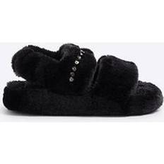 Black Slippers River Island Faux Fur Open Toe Slippers - Black