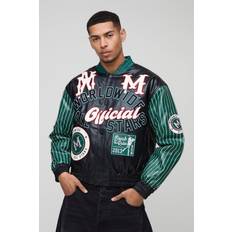 boohooMAN Mens Forest Boxy Worldwide Stripe Sleeve Varsity Jacket