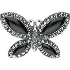 Brooches C W Sellors Sterling Silver Whitby Jet Marcasite Vintage Butterfly Brooch - Silver